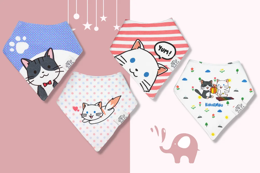 Colourful Koko and Miko bandana bibs